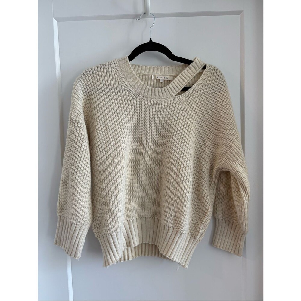 Ellison Cream Ribbed Crewneck Sweater with Distressed Detail